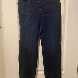 SlimFactor Women’s Dark Denim Straight Leg Pants – Size Large, Stretch Slim Fit